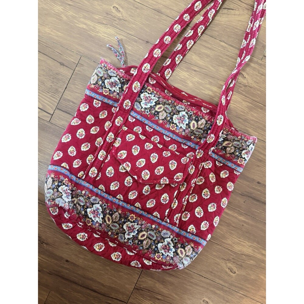 Vera Bradley 90s Vintage Red Leaf Quilted Tote Bag Paisley Boho